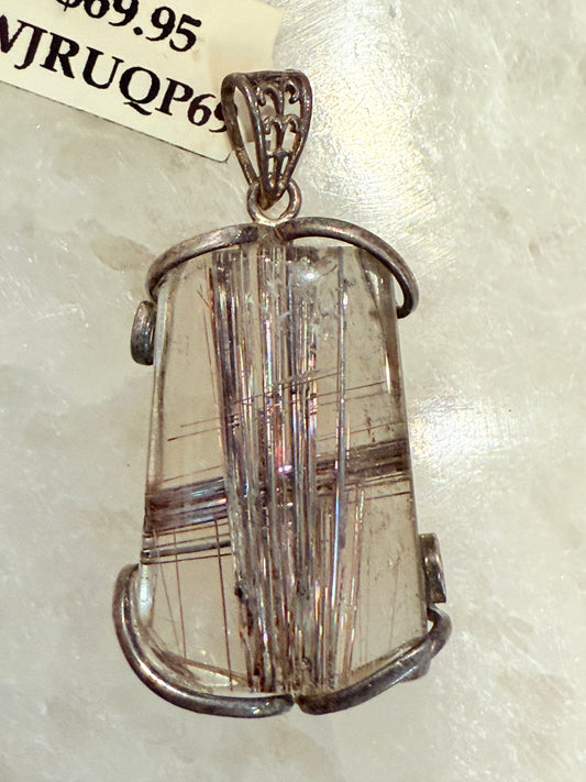 Rutilated Quartz Sterling Silver Pendant – striking crystal jewelry featuring golden needle-like rutile inclusions symbolizing clarity and energy.
