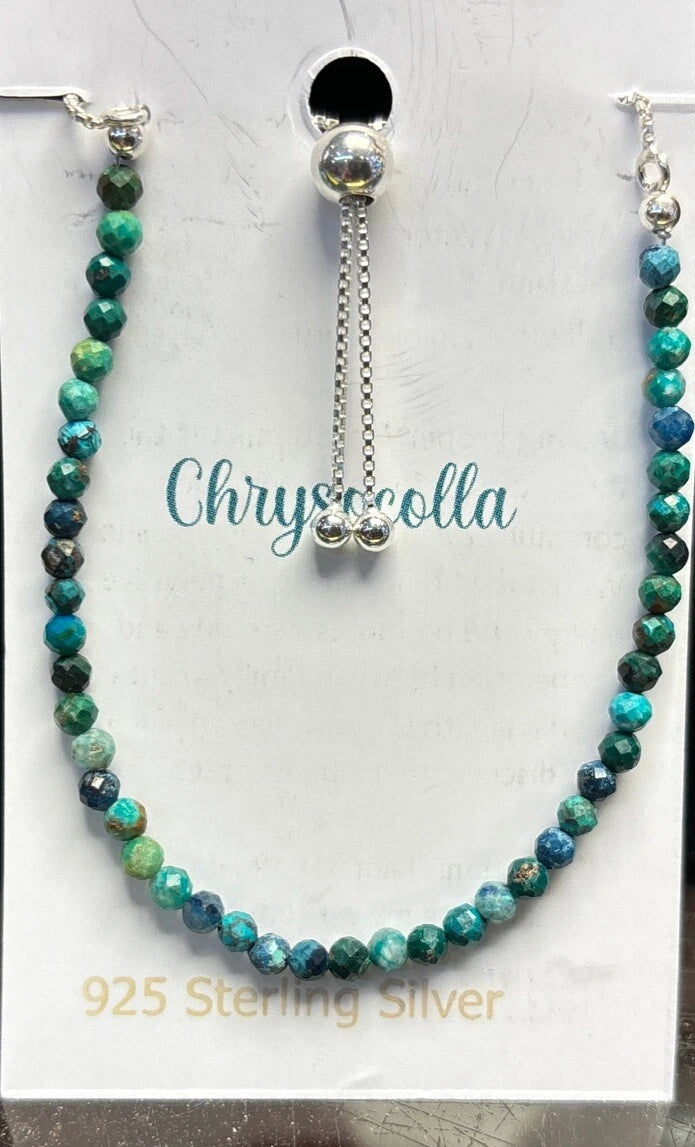 Chrysocolla Faceted 3MM Bead .925 Sterling Silver ADJ Bracelets