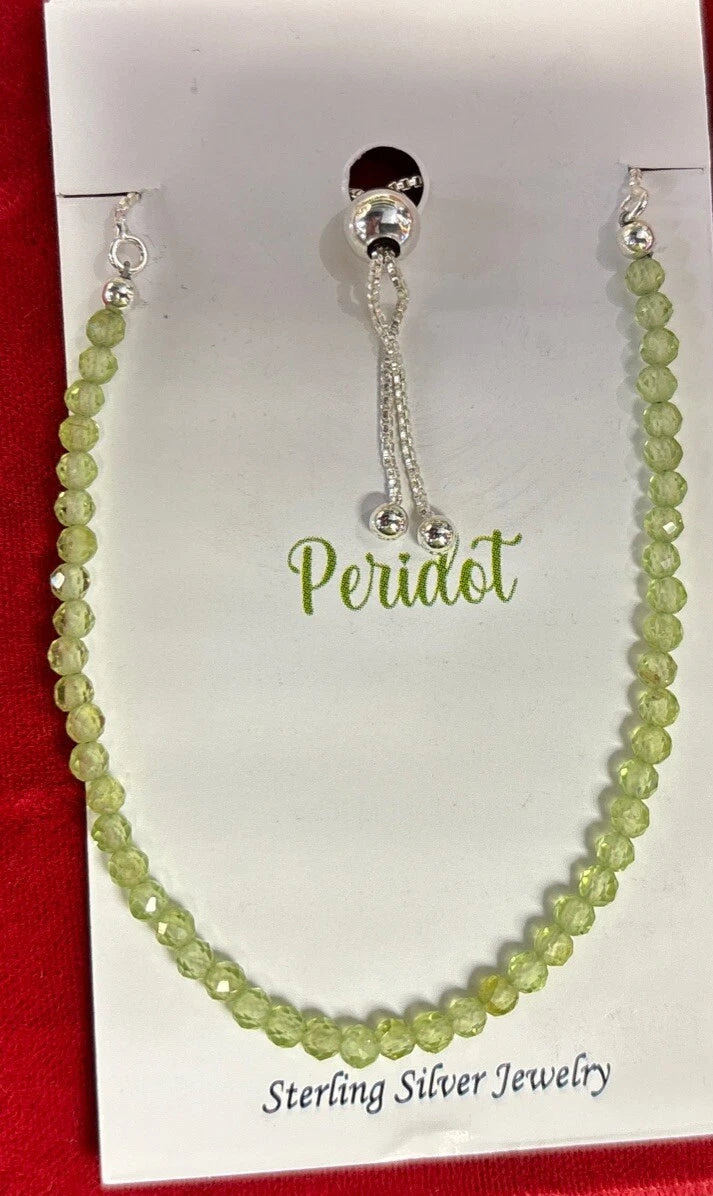 Peridot Faceted 3MM Bead .925 Sterling Silver ADJ Bracelets