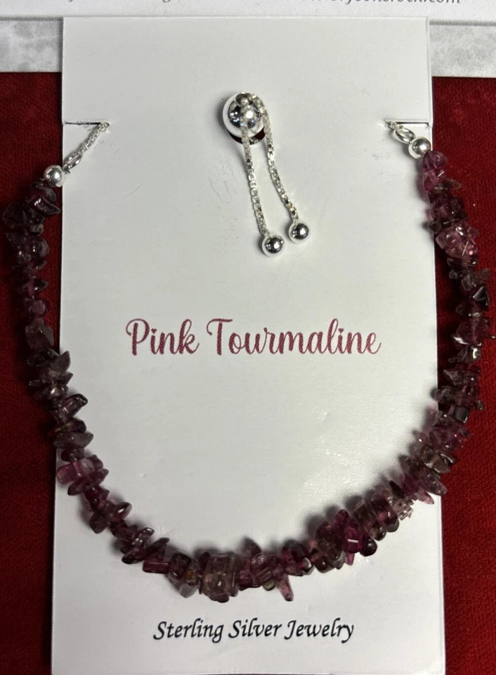 Pink Tourmaline Chips Stone .925 Sterling Silver ADJ Bracelets
