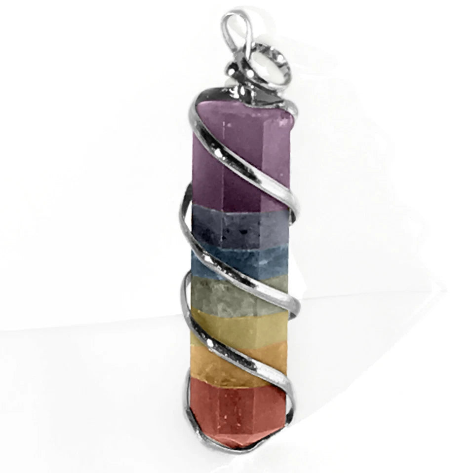 Chakra Stones Stacked Coil Wrapped Point Pendant