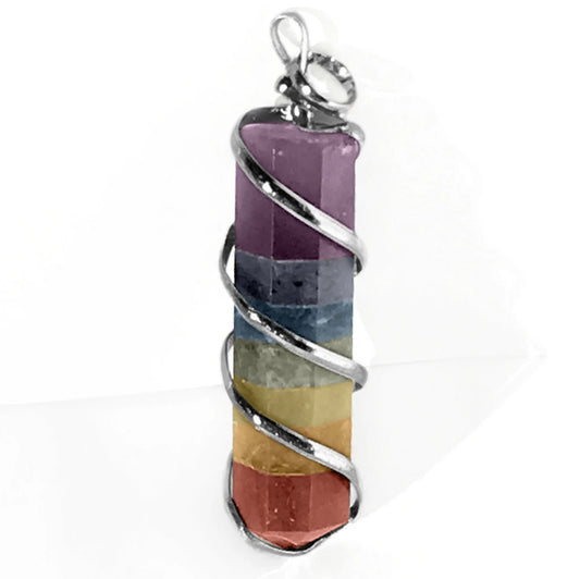 Chakra Stones Stacked Coil Wrapped Point Pendant
