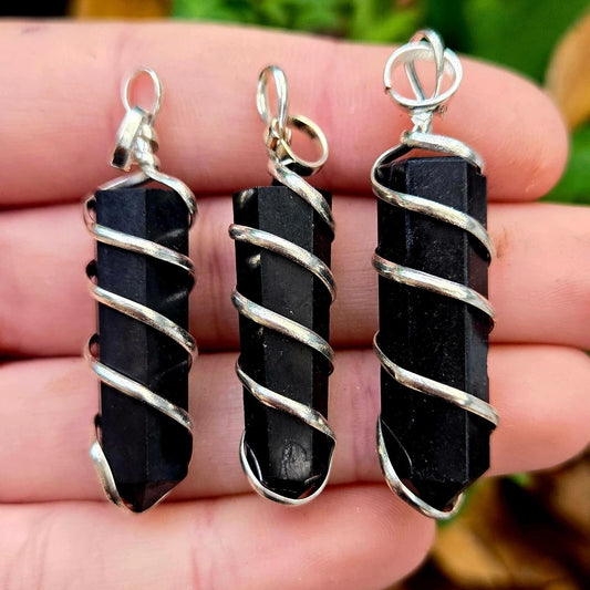Shungite Coil Wrapped Point Pendant