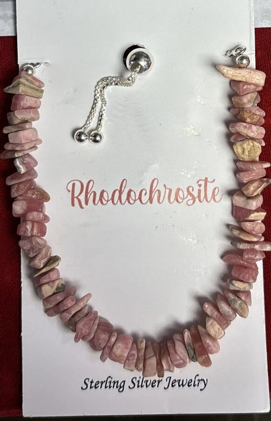 Rhodochrosite Chips Stone .925 Sterling Silver Adjustable Bracelets