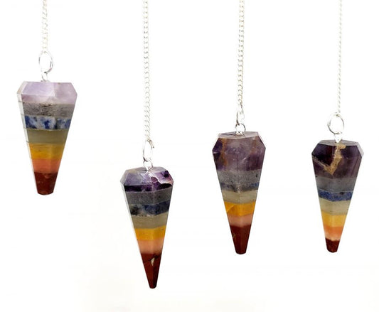 7 Chakra Stones Faceted Pendulum W/ Chain