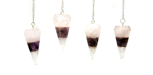 Amethyst Clear & Rose Quartz Stacked 6 Faceted Pendulum With Chain
