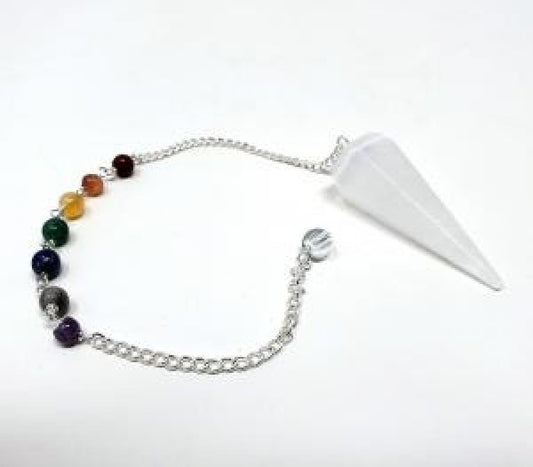 Selenite With Chakra Stone Beads 6 Faceted Pendulum With Chain
