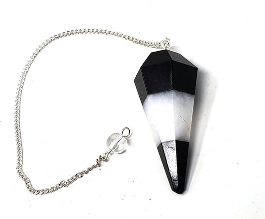 Black Tourmaline with White Agate Stacked Faceted Pendulums