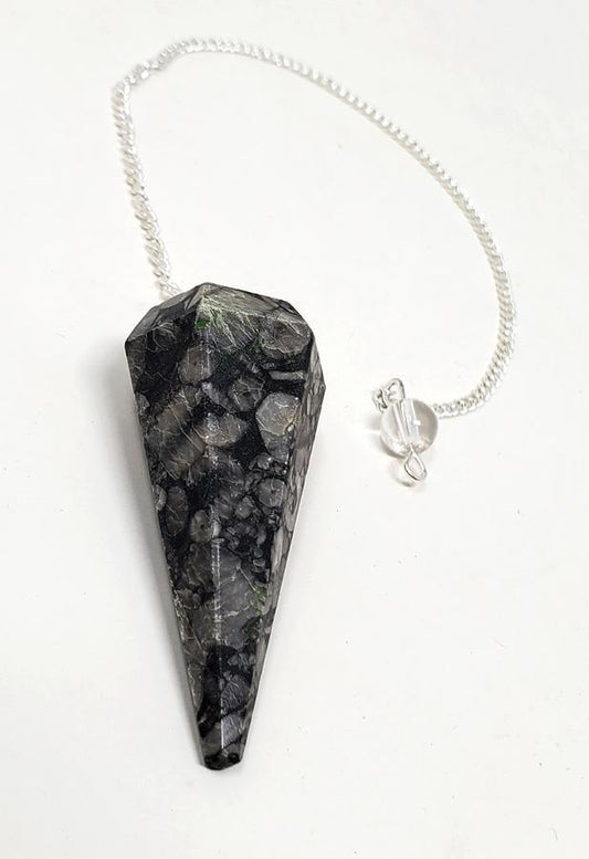 Que Sera Sera Black Fossil Coral 6 Faceted Pendulum With Chain