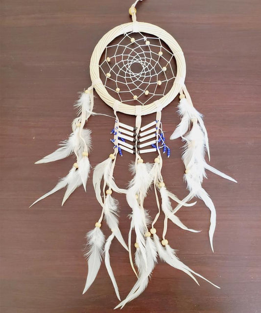 6" White Feather - Native American Wooden Bead Hanging Dream Catcher (DC98) 19"L