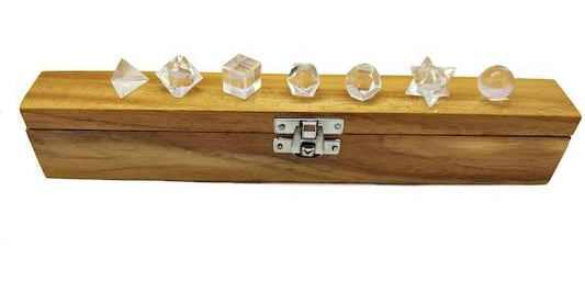 Clear Quartz Platonic Sacred Geometry Set in Solid Wood Box