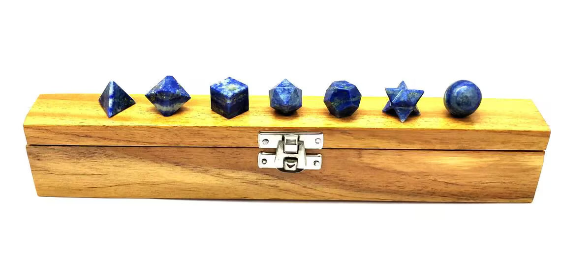 Lapis Lazuli Platonic Sacred Geometry Set in Solid Wood Box