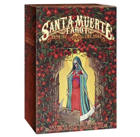 Santa Muerte Tarot Deck: Book of the Dead by Fabio Listrani – vibrant 78-card deck inspired by the Day of the Dead, featuring skeletons in traditional Mexican attire, adorned with roses and skulls, accompanied by a 127-page guidebook.
