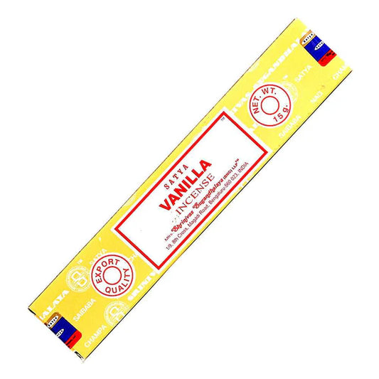 Satya Hand Rolled Vanilla Incense Sticks – sweet, comforting fragrance for relaxation, warmth, and a cozy atmosphere.
