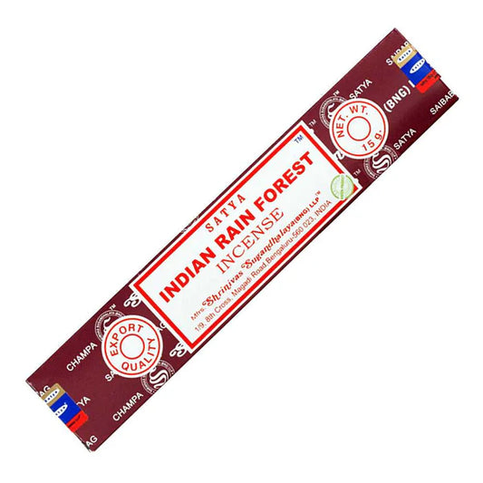Satya Indian Rain Forest Hand Rolled Incense Sticks – fresh, woody scent evoking nature, tranquility, and grounding energy.
