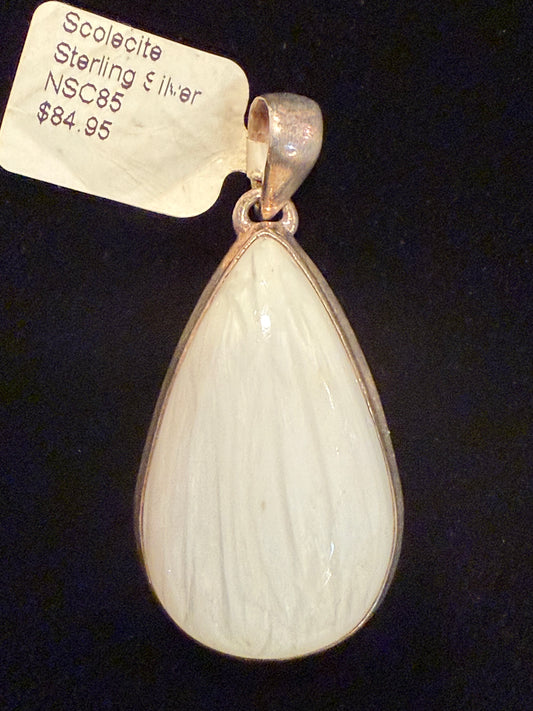 Scolecite Drop SS Pendant – elegant crystal jewelry featuring droplet-shaped scolecite stone symbolizing healing and spiritual growth.
