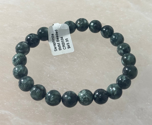 Seraphinite 8MM Beaded Bracelet – shimmering green seraphinite beads sized 8mm, crafted into a spiritual and elegant bracelet.
