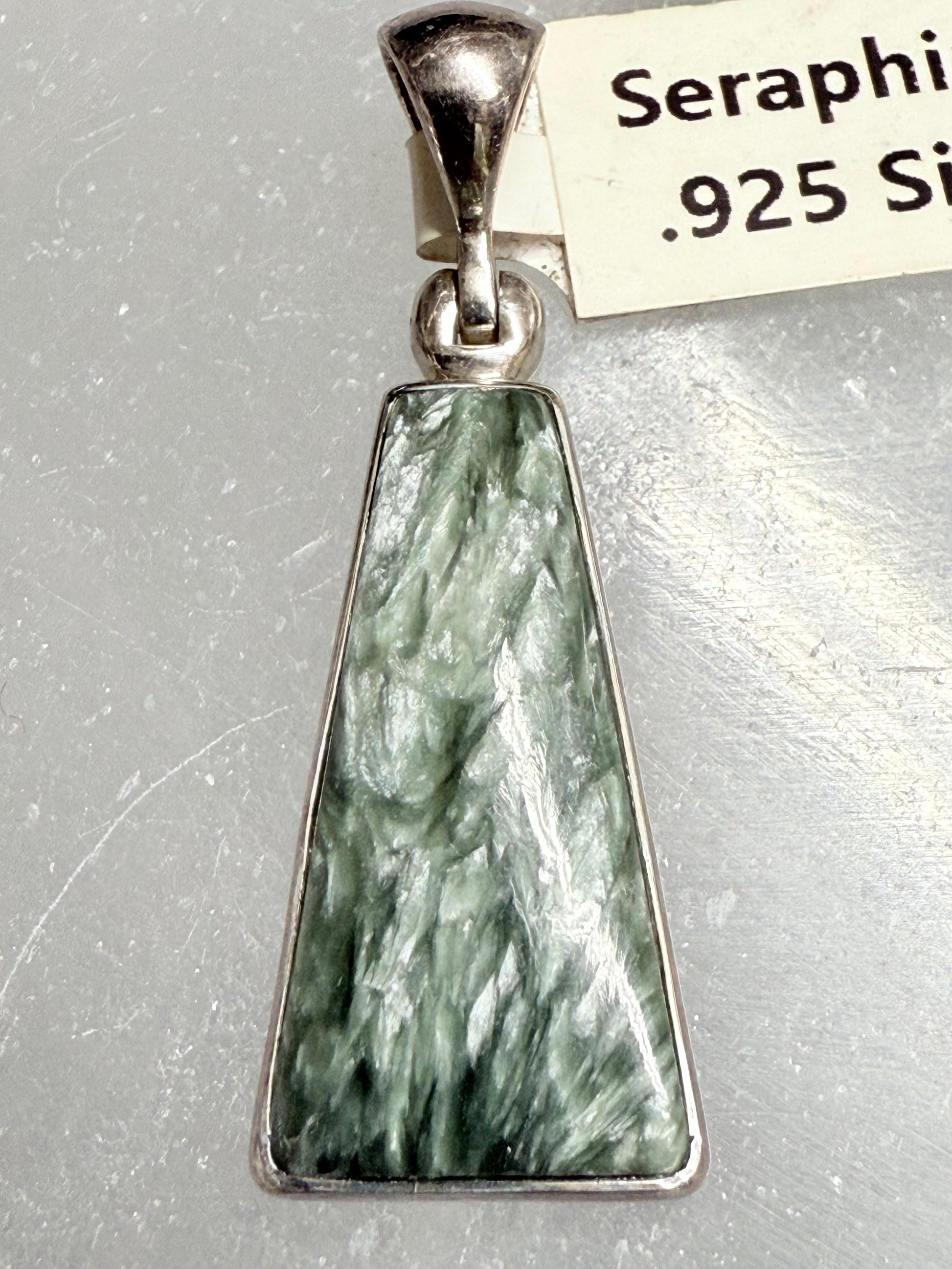 Seraphinite Sterling Silver Pendant – beautiful green crystal jewelry known for healing, spiritual awakening, and angelic energy.
