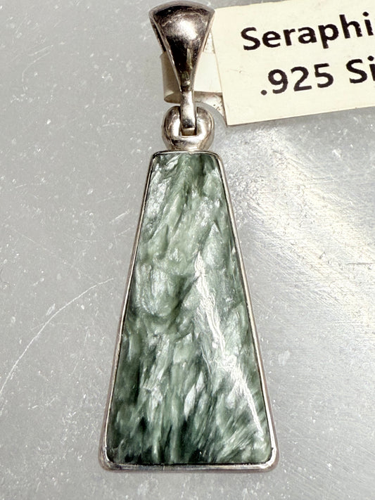 Seraphinite Sterling Silver Pendant – beautiful green crystal jewelry known for healing, spiritual awakening, and angelic energy.
