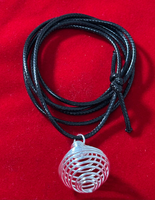 Silver Plated Round Cage with Black Cord – elegant round cage pendant plated in silver, hanging on a black cord necklace.
