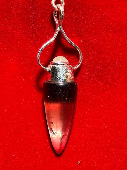 Smoky Quartz Moonstone Sterling Silver Pendulum – elegant divination tool combining grounding smoky quartz and intuitive moonstone crystals.
