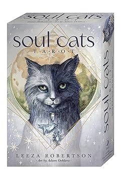 Soul Cats Tarot by Leeza Robertson & Adam Oehlers – 78-card deck and 216-page guidebook featuring enchanting illustrations of divine felines, combining angelic wisdom with feline energy for intuitive readings.
