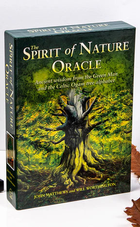 The Spirit of Nature Oracle by John Matthews & Will Worthington – 25-card deck featuring Celtic Ogam tree alphabet and Green Man symbolism, accompanied by a 128-page guidebook exploring tree lore, myths, and symbolism for divination and spiritual insight.
