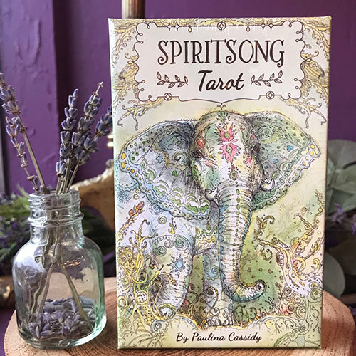 Spiritsong Tarot by Paulina Cassidy – 78-card deck blending animal spirit guides with traditional tarot, featuring watercolor illustrations and shamanic symbolism.
