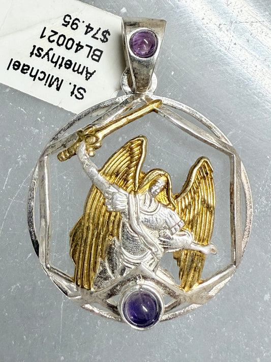 St. Michael with Amethyst Gold Plated Over Silver Pendant – elegant jewelry featuring St. Michael design with amethyst stone and gold plating symbolizing protection and spirituality.
