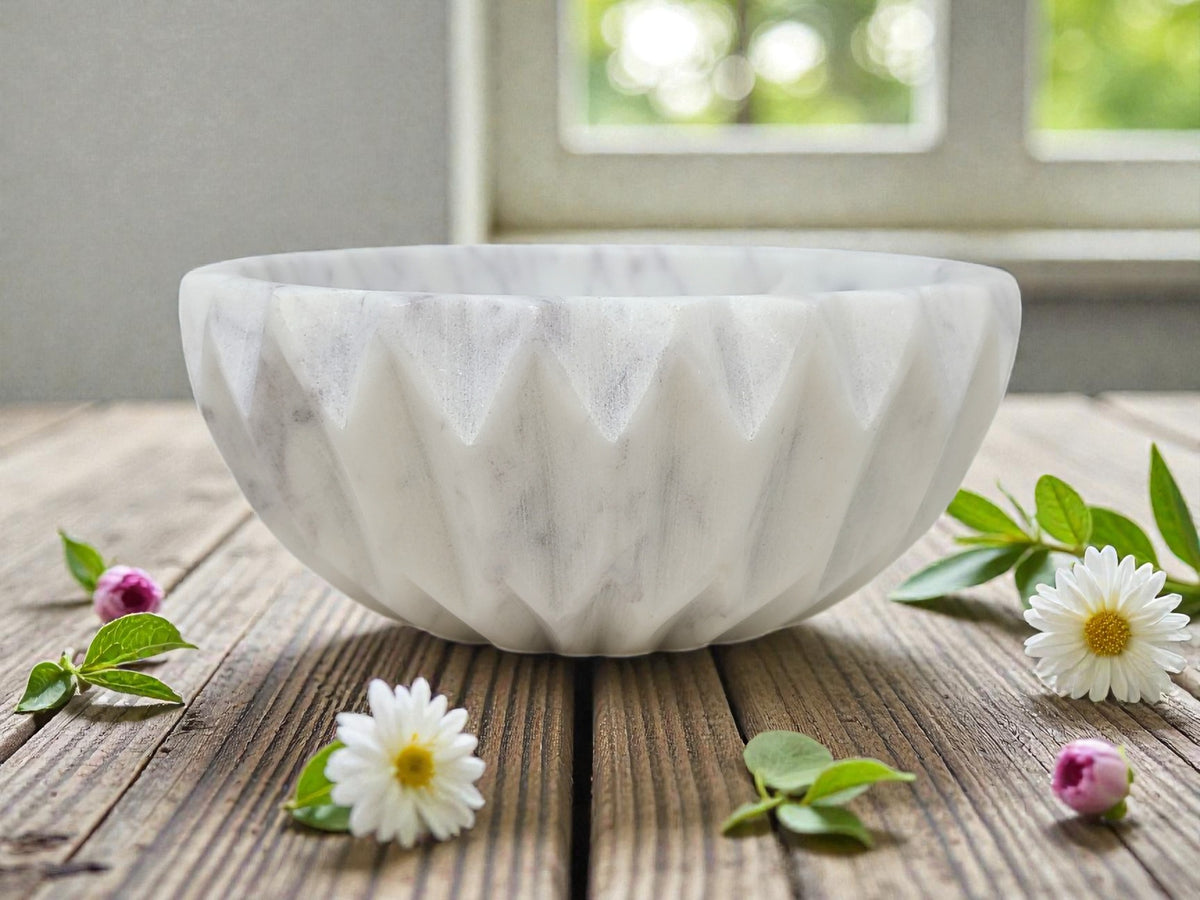 Carved White Marble Ritual & Smudge Pot Bowl – 5"Dx2"H