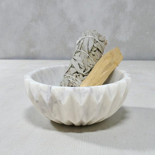 Carved White Marble Ritual & Smudge Pot Bowl – 5"Dx2"H