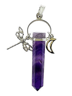 Amethyst Wand Point with Dragonfly Moon Charms Sterling Silver Pendant