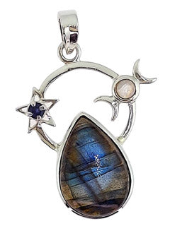 Labradorite Drop with Stones Orbit Design SS Pendant