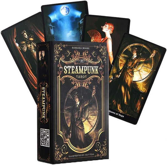 The Steampunk Tarot Mini by Barbara Moore & Aly Fell – a 78-card deck featuring intricate steampunk-inspired artwork, offering a fusion of Victorian aesthetics and tarot symbolism.

