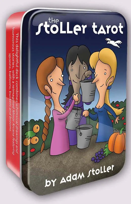 The Stoller Tarot in a Tin by Adam Stoller – whimsical 78-card deck featuring cartoon-style illustrations with reimagined suits: Brooms (Wands), Buckets (Cups), Spoons (Swords), and Balloons (Pentacles), housed in a collectible tin with a 64-page guidebook.

