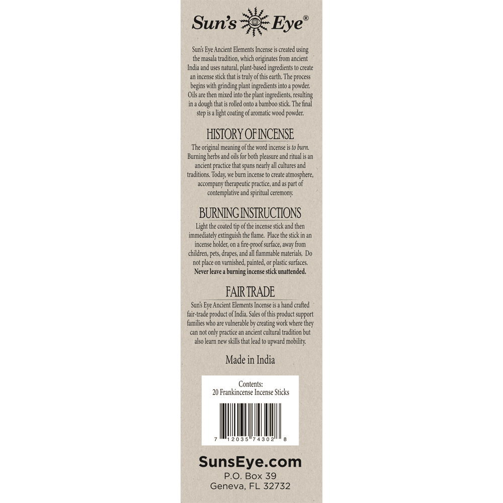 Sun's Eye Ancient Elements Frankincense incense - accurate back of box
