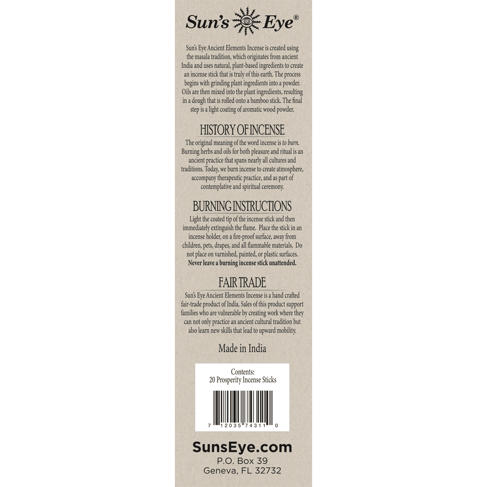 Sun's Eye Ancient Elements Prosperity incense - back of box