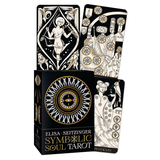 Symbolic Soul Tarot by Elisa Seitzinger & Barbara Moore – a 78-card deck featuring black, white, and gold illustrations inspired by Rider-Waite-Smith symbolism.
