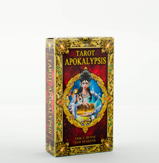 Tarot Apokalypsis Deck by Erik C. Dunne & Kim Huggens – richly detailed tarot deck inspired by ancient spiritual practices, featuring vibrant illustrations reminiscent of stained glass windows.
