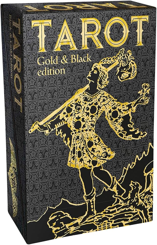 Tarot Black & Gold Edition by Arthur Edward Waite & Pamela Colman Smith – a 78-card gold-foil Rider-Waite-Smith deck with guidebook.
