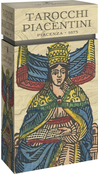 Tarot de Besançon: Gaudais by Giordano Berti – limited edition reproduction of the 1870 Parisian deck in the Piemontese (de Besançon) style, featuring mirrored imagery and historical symbolism, presented in a premium lift-top box with a multilingual guidebook.
