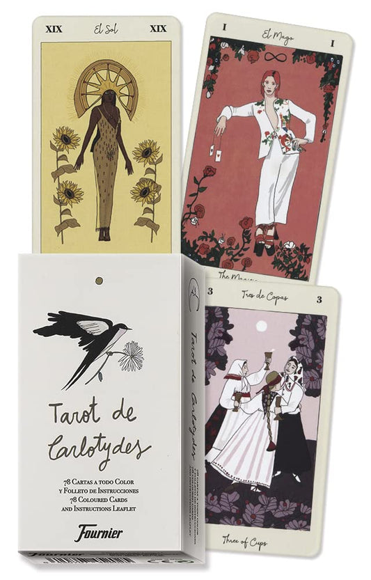 Tarot de Carlotydes by Carlota Santos – 78-card deck featuring a blend of contemporary and vintage aesthetics, inspired by various cultures and historical periods, with multilingual instructions.
