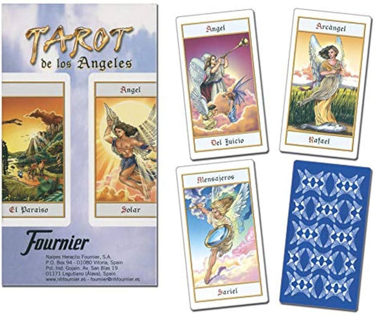Tarot de los Ángeles por Rosa Elena Ortega – mazo de 78 cartas con ilustraciones etéreas de ángeles, arcángeles y seres espirituales, acompañado de un folleto explicativo multilingüe.
