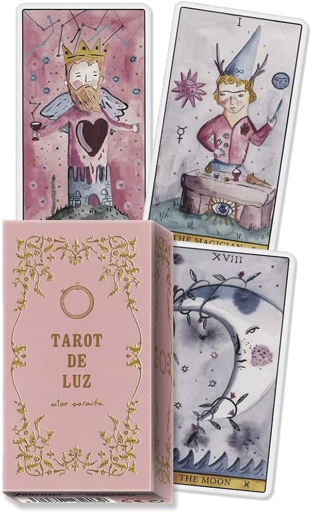 Tarot de Luz by Aitor Saraiba – 78-card deck featuring whimsical watercolor illustrations with poetic symbolism, designed to illuminate your path to spiritual insight and personal transformation.
