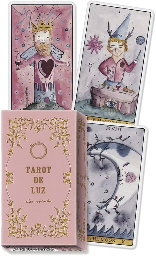 Tarot de Luz by Aitor Saraiba – 78-card deck featuring whimsical watercolor illustrations with poetic symbolism, designed to illuminate your path to spiritual insight and personal transformation.
