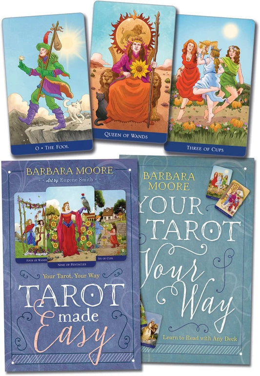 Tarot Made Easy by Barbara Moore – a beginner-friendly tarot kit featuring 78 illustrated cards and a 216-page guidebook.
