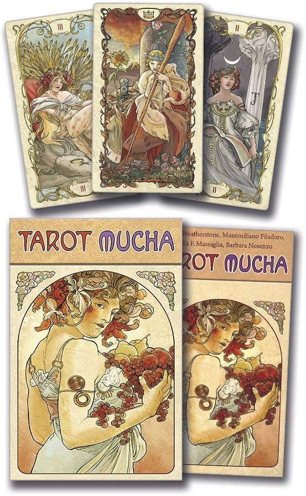Tarot Mucha by Lo Scarabeo – a 78-card Art Nouveau deck inspired by Alphonse Mucha, blending classic tarot with elegant floral motifs.
