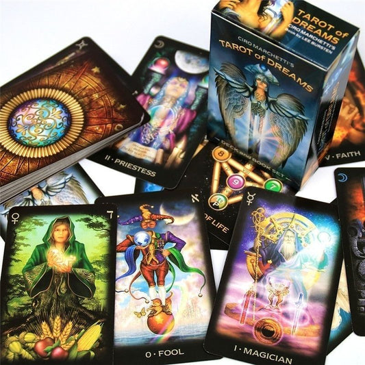 Tarot of Dreams by Ciro Marchetti – 83-card deck featuring vivid dreamlike imagery, including the traditional 78 cards, plus a special Tree of Life card and four Palace cards for expanded court card context.
