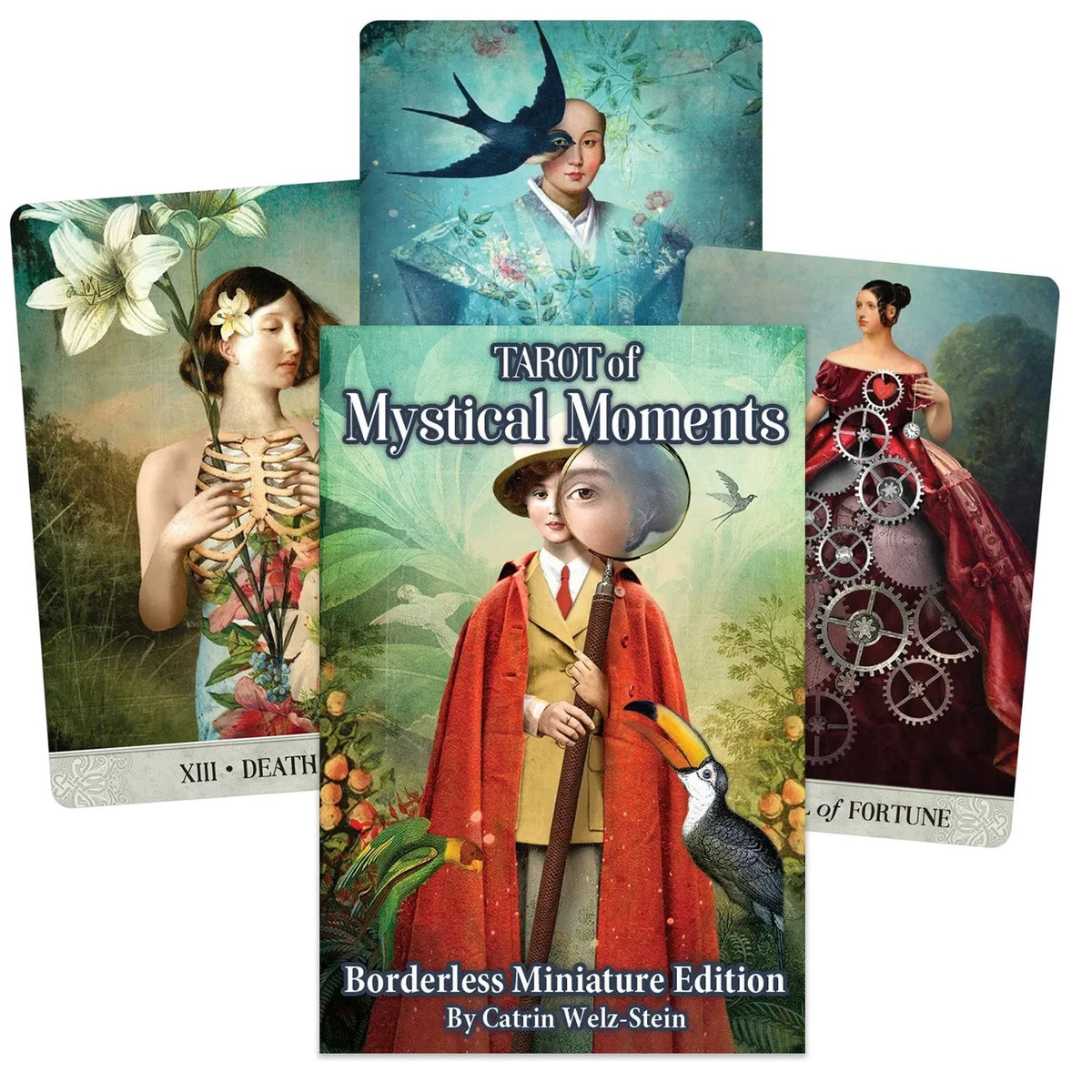 Tarot of Mystical Moments Borderless Miniature Edition by Catrin Welz-Stein – a 84-card deck featuring lush, surreal collage art with five bonus cards for customizable readings.
