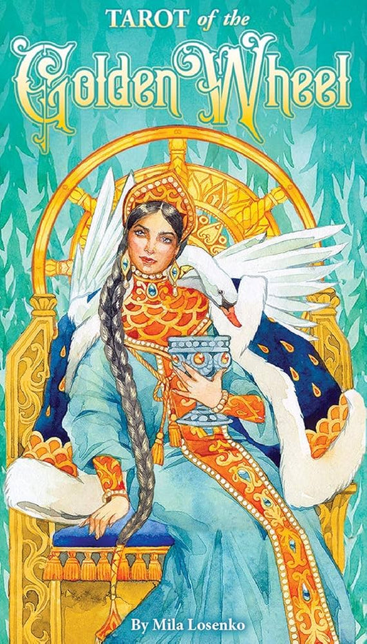 Tarot of the Golden Wheel – radiant tarot deck featuring golden wheel symbolism and mystical art for spiritual readings.
